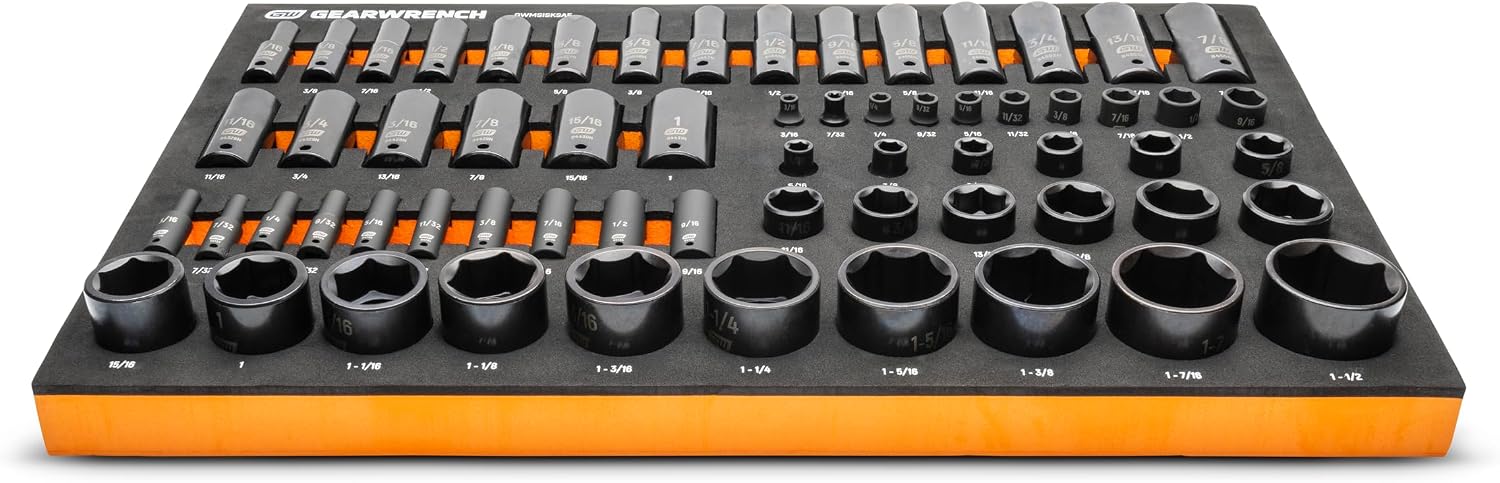 GEARWRENCH 63 Piece 1/4', 3/8', 1/2' Drive 6 Point SAE Impact Socket Set in Foam Storage Tray - GWMSISKSAE