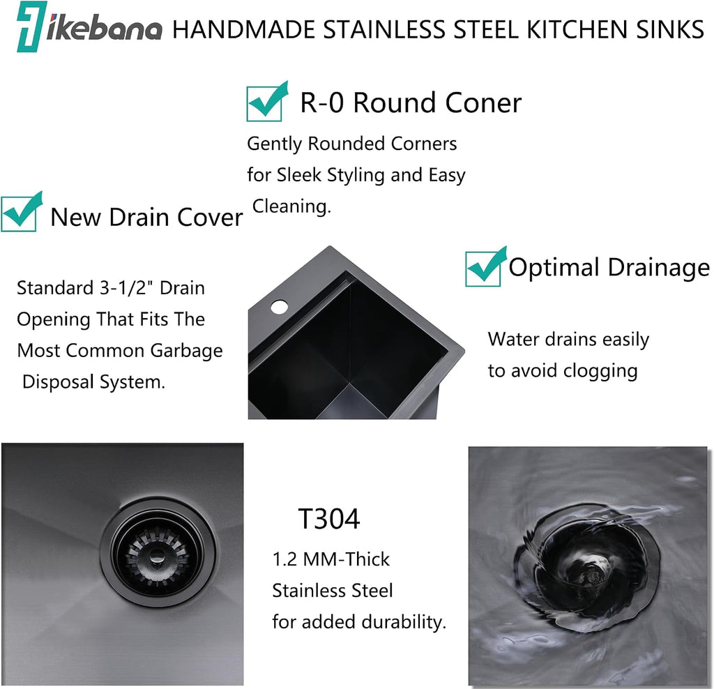 IKEBANA 15x15 Inch Black Drop In Bar Sink Workstation, 16 Gauge Stainless Steel Top Mount Single Bowl Handmade Gunmetal Black Wet Bar Sink for Outdoor Prep RV Laundry with Grid & Cutting Board