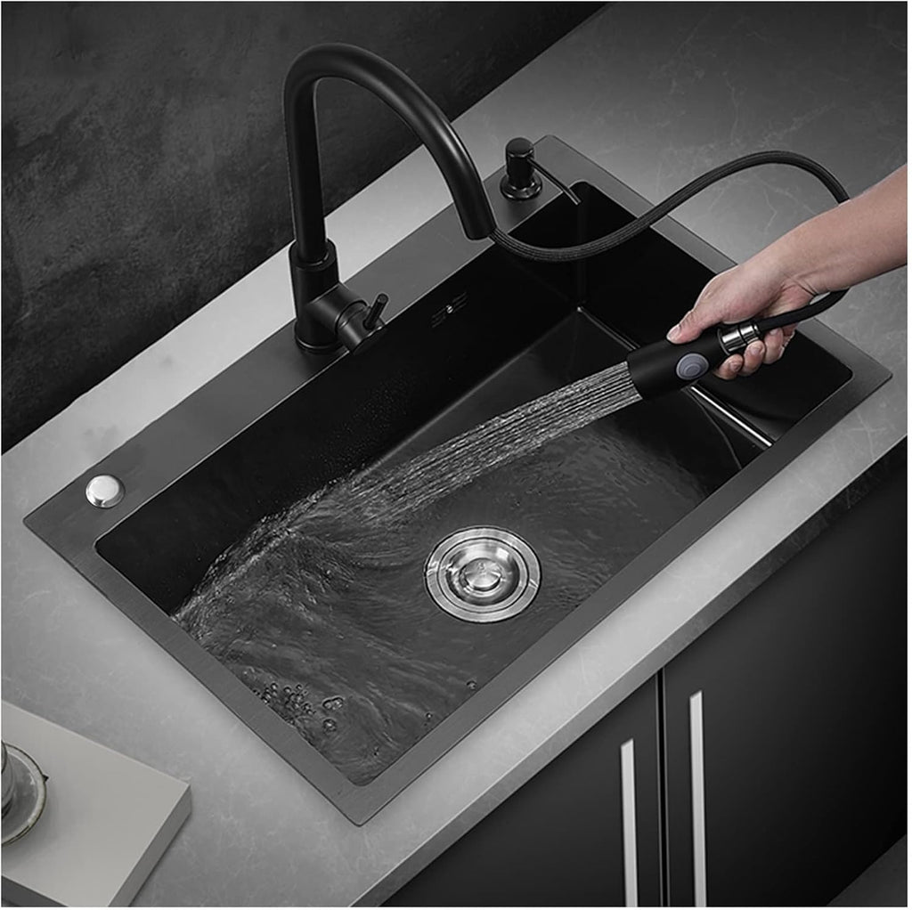 304 Stainless Steel Kitchen Sink Household Handmade Single Bowl Bar Sink Square Nano RV Sink with Faucet and Drainage Kit Top Mount Or Undermount (Color : Black-b, Size : 68x45x20cm) (Blackd 72x4