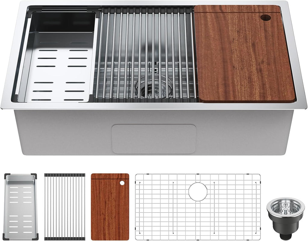 VEVOR 32 inch Kitchen Single Sink, 304 Stainless Steel Undermount Sink Drop-In Single Bowl Farmhouse Basin with Ledge & Multiple Accessories, Household Dishwasher Sinks for Prep Kitchen, Bar 32'*19'