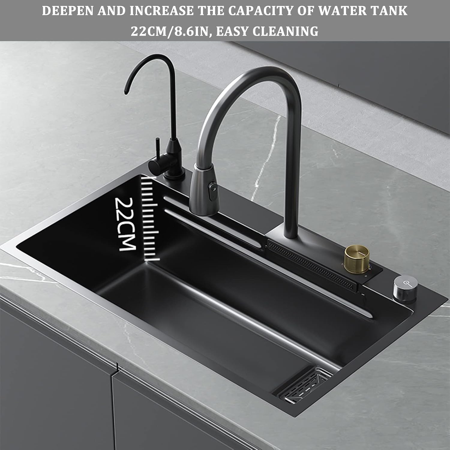Generic 304 Stainless Steel Waterfall Sink Black Bar Prep Sink Single Bowl Kitchen Sink Multi-Function Rv Sink with Faucet and Drain Assembly Drop in Or Under Mount (Color : Black-a, Size : 75x