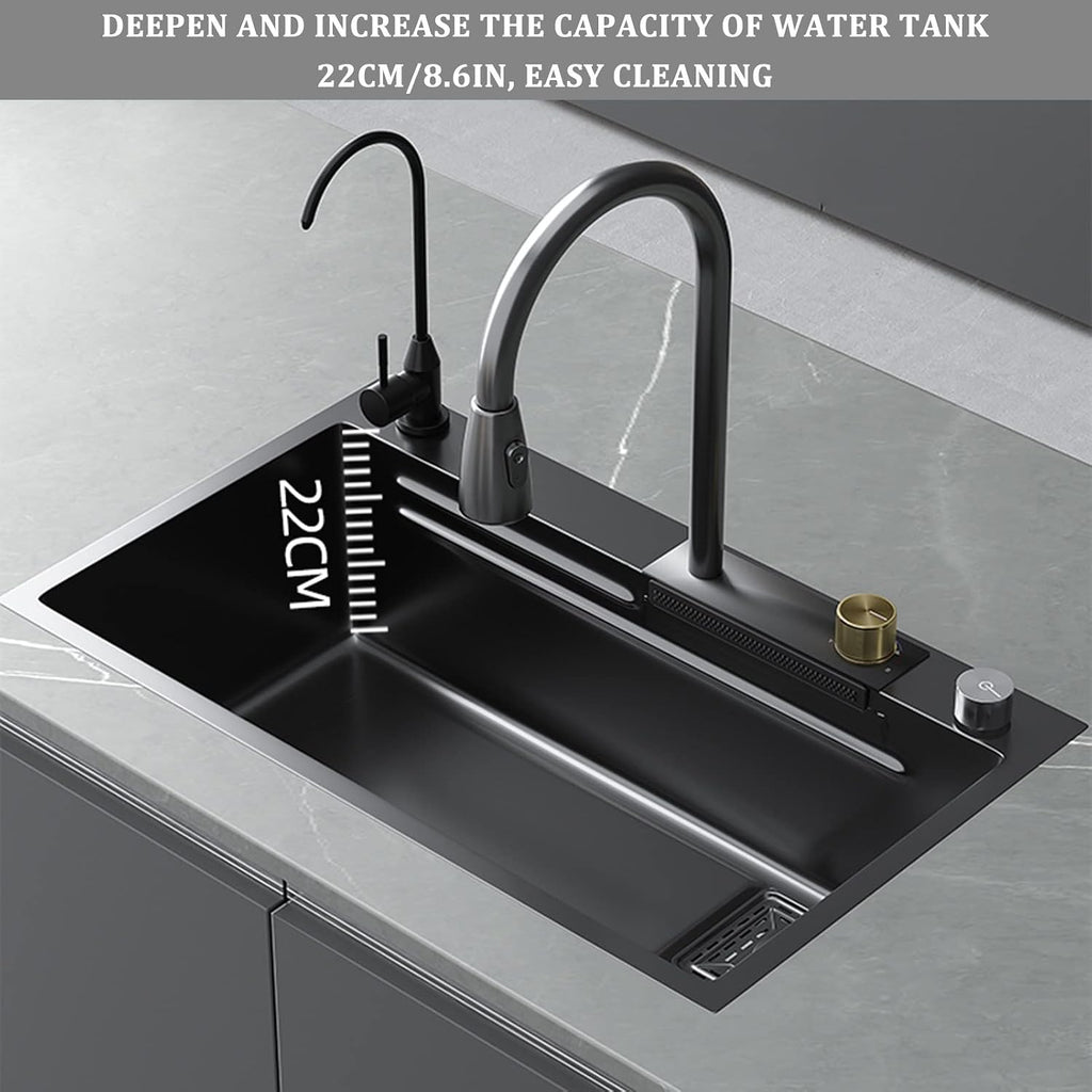 304 Stainless Steel Kitchen Sink Multi-Purpose Single Bowl Bar Prep Sink Home RV Sink with Faucet Drain Assembly Cup Washer Drop in Or Under Mount (Color : Black, Size : 78x46x22cm) (Black 75x46x