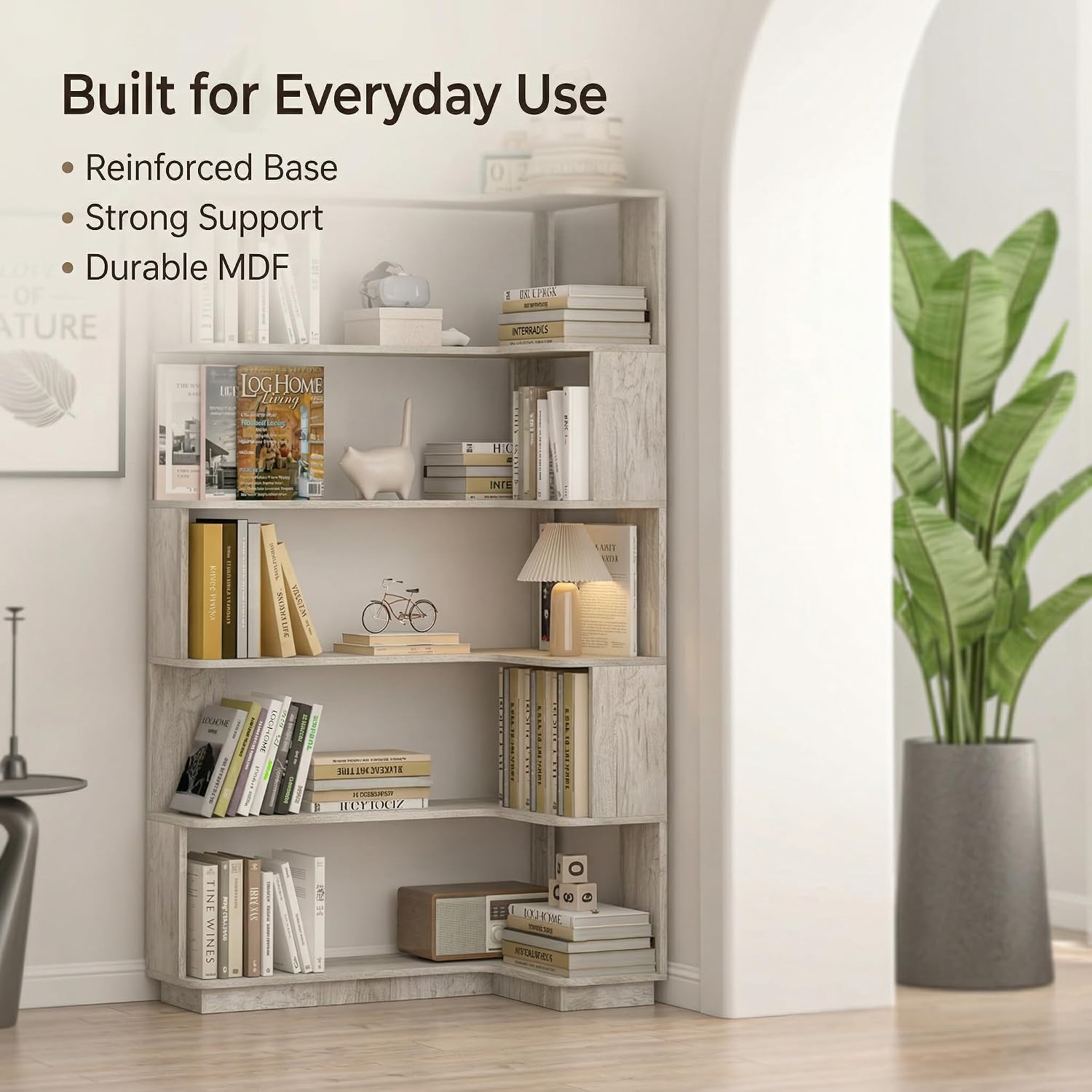 5 Tier Corner Bookshelf, Freestanding L-Shaped Wooden Bookcase with Open Shelves, Anti-Fall Panels and Anti-Tipping Device for Living Room, Home Office (Light Gray with Left Extension)