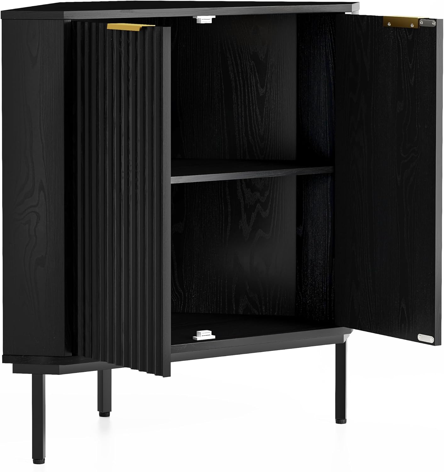 Modern Fluted Corner Cabinet, Small Floor Storage Cabinet with Adjustable Shelf & Metal Legs, Wooden Freestanding Narrow Organizer for Living Room Kitchen, Black