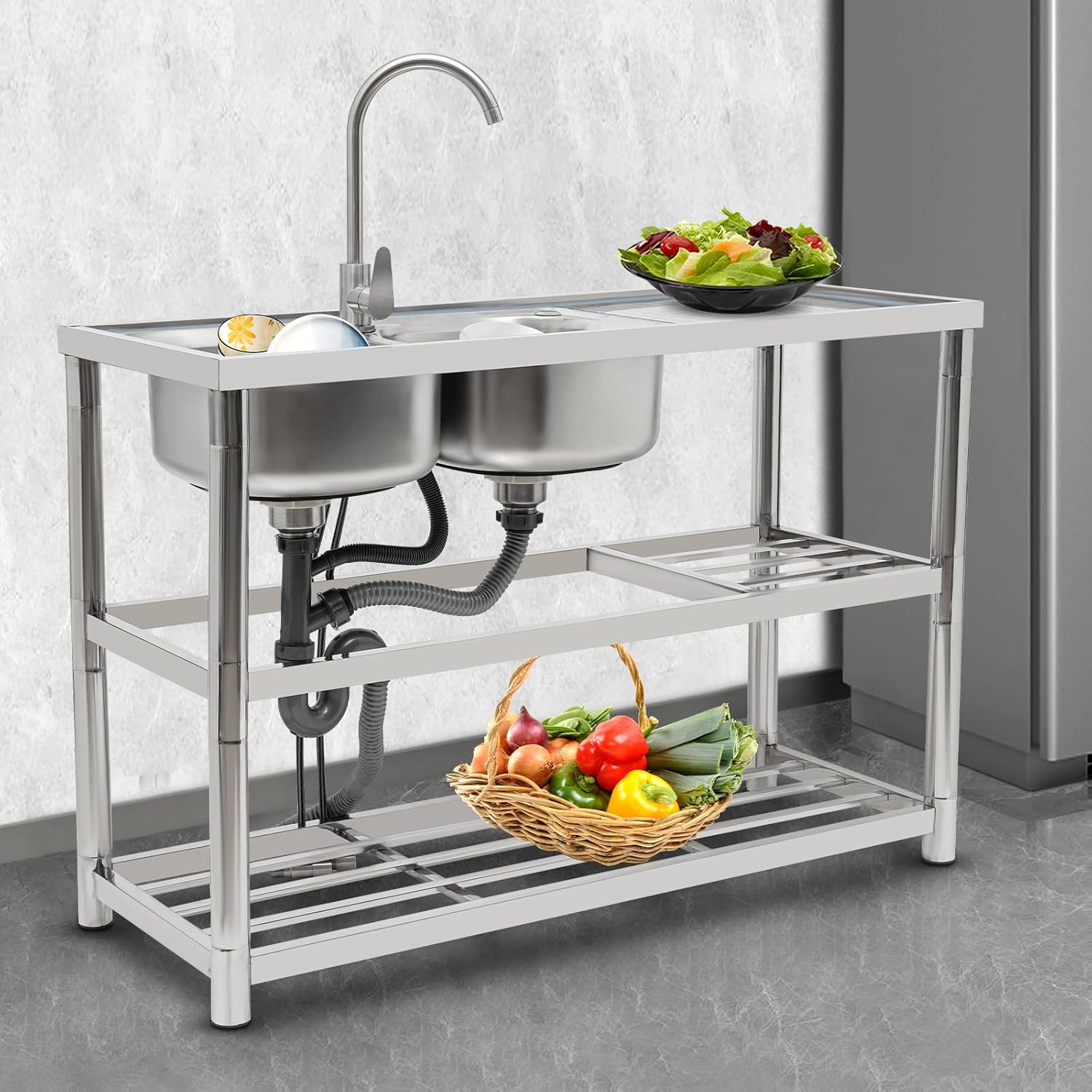 Free Standing Commercial Kitchen Sink Stainless Steel, Double Bowl Utility Sink with 360° Rotatable Faucet and Water Pipes Restaurant Outdoor Utility Sink Left Dual-Bowl (47x17.7x31.5in-A)