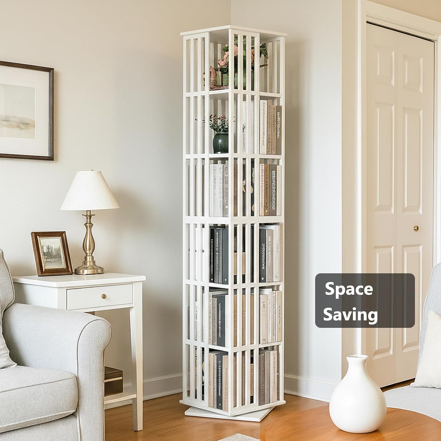 Lauxery Rotating Bookshelf Tower– 6 Tier 360° Bamboo Spinning Book Shelves| Space-Saving Tall Square Revolving Bookcase for Small Space, Living Room, Bedroom & Office | White Corner Bookshelf