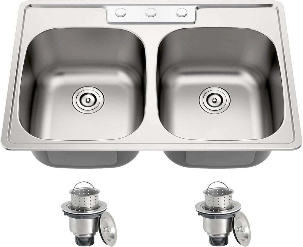 33x22 Drop In Double Bowl Kitchen Sink, 33 Inch Topmount 18 Gauge 304 Stainless Steel 50/50 Commercial Grade Kitchen Sinks, Three Holes with Strainer, 33' x 22' x 9'