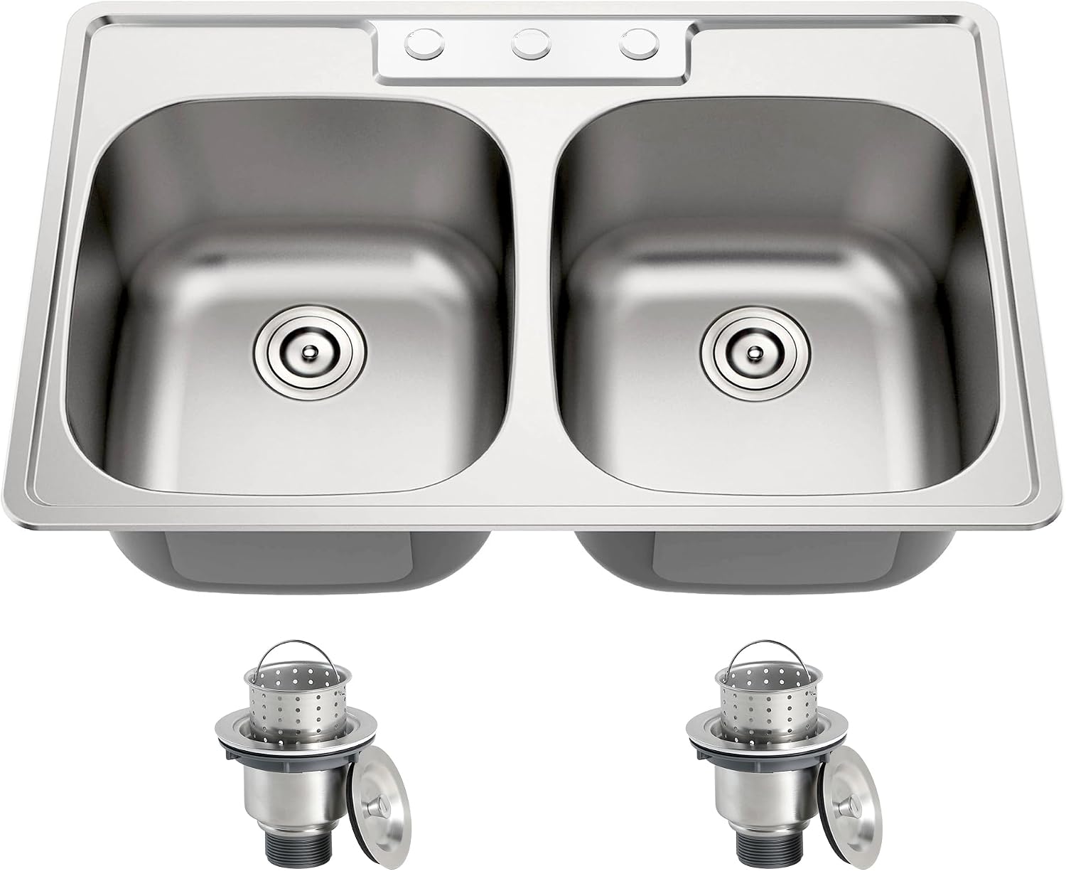 33x22 Drop In Double Bowl Kitchen Sink, 33 Inch Topmount 18 Gauge 304 Stainless Steel 50/50 Commercial Grade Kitchen Sinks, Three Holes with Strainer, 33' x 22' x 9'