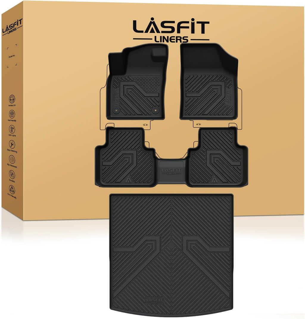 LASFIT Floor Mats & Cargo Liner for SUV VW Atlas Cross Sport 2020-2026, All Weather TPE Custom Fit Floor Liners 1st and 2nd Rows Car Mats & Cargo Mat for Volkswagen Atlas Cross Sport, Black