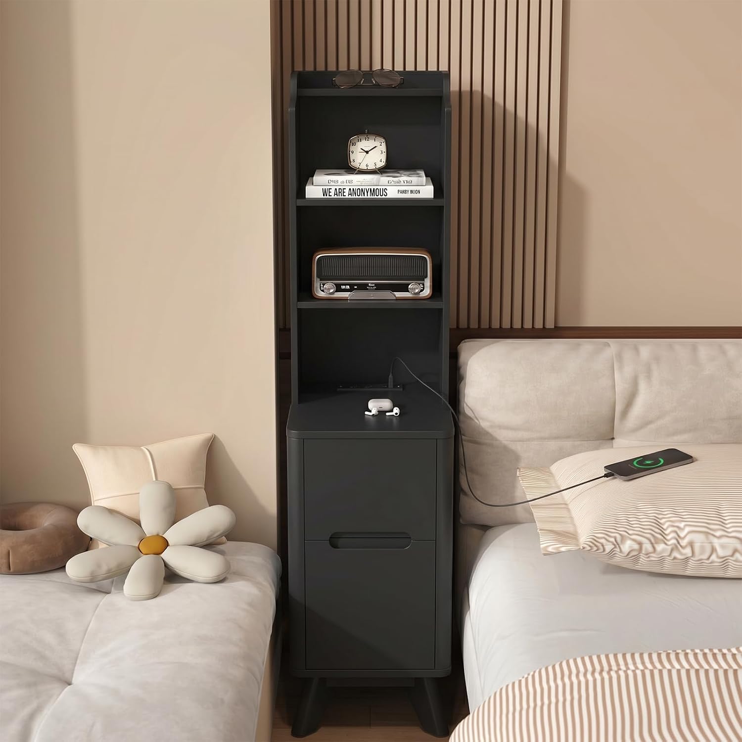 Tall Nightstand with Charging Station, Narrow Side Table with Bookshelf, 47' Tall Free Standing Wooden Night Stand with 2 Drawers and 4 Open-Shelves, Modern End Bedside Table for Bedroom, Black