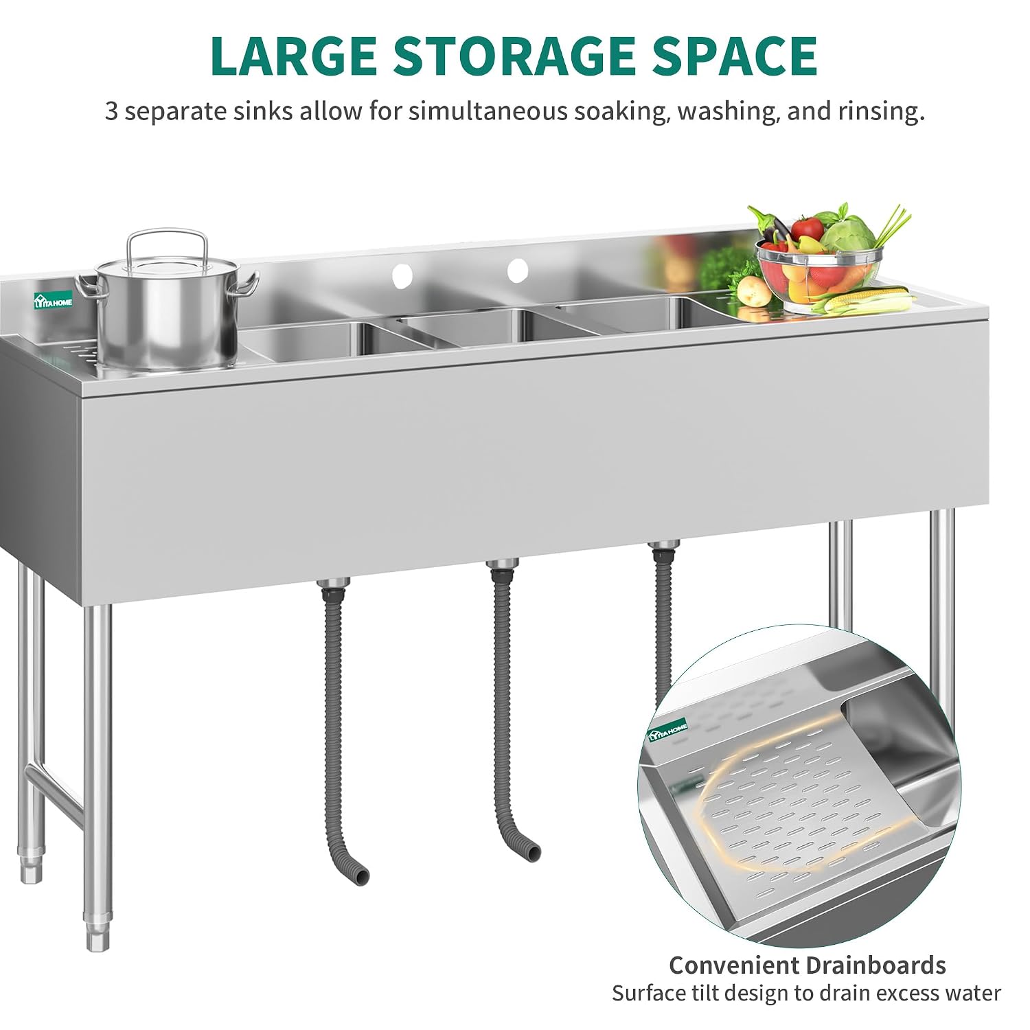YITAHOME 60inch 3 Compartment Commercial Bar Sink with Drainboards, NSF Heavy-Duty Stainless Steel Freestanding Prep Utility Sink for Restaurant Kitchen