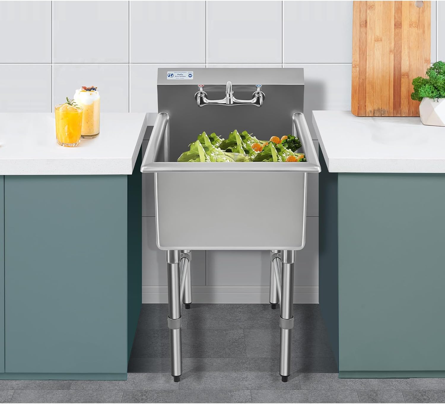 HALLY Commercial Stainless Steel Sink 1 Compartment NSF Prep & Utility Sink with 8' Faucet 15' L x 15' W x 12' D Bowl for Bar, Restaurant, Kitchen, Hotel and Home