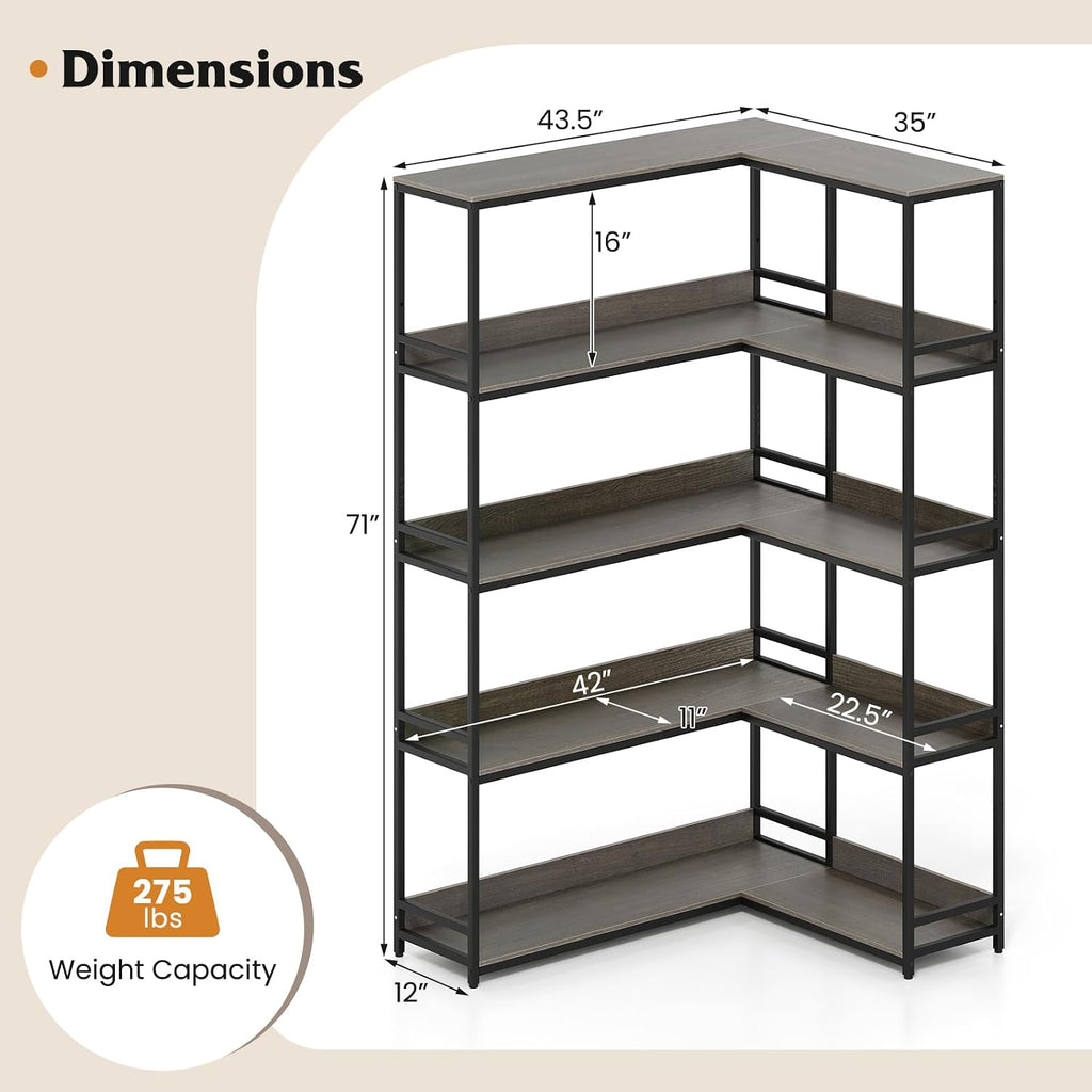 Tangkula Large Corner Bookshelf, 90 Degrees 5-Tier Industrial Wood Open Corner Bookcase for Small Spaces, Heavy-Duty Metal Frame, 71'H L-Shaped Storage Display Rack for Living Room (Oak)