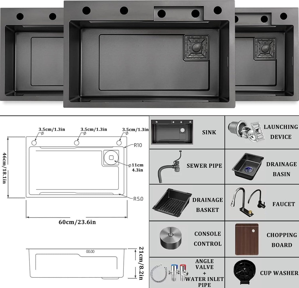 Black Nano Single Bowl Kitchen Sink 304 Stainless Steel Waterfall Bar Sink Multi-Function Rv Sink with Pull-Out Faucet and Cup Washer Drop in Or Under Mount(Black-60x45x21cm