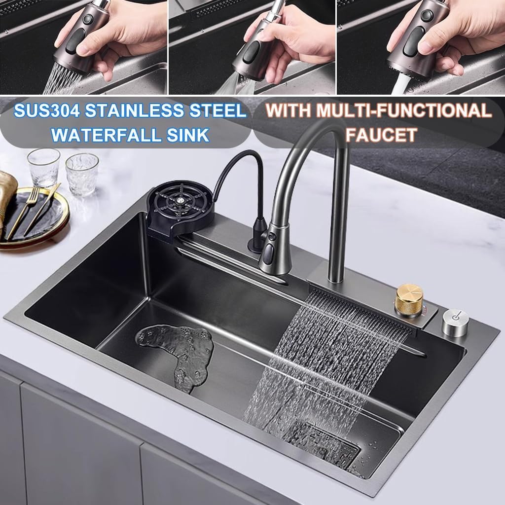 304 Stainless Steel Single-Bowl Kitchen Workstation Sink Nano-Coated Workstation Sink With Pull-Out Faucet And Cup Washer Complete Accessory Set (Color : Black, Size : 80x45x22cm) (Black 80x45x22