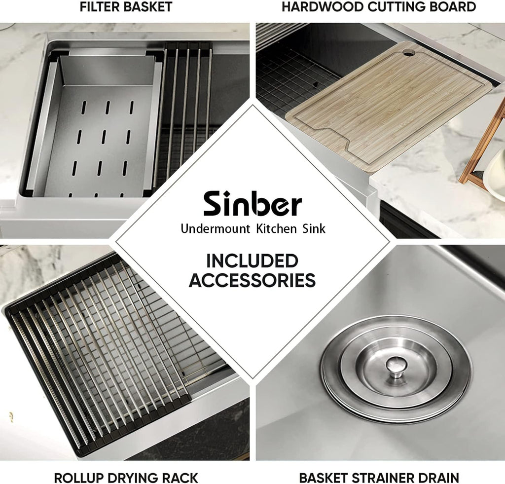 Sinber KSS0002S-OJ 30' x 19' x 10' Undermount Single Bowl Workstation Kitchen Sink with 16 Gauge 304 Stainless Steel Satin Finish 6 Accessories