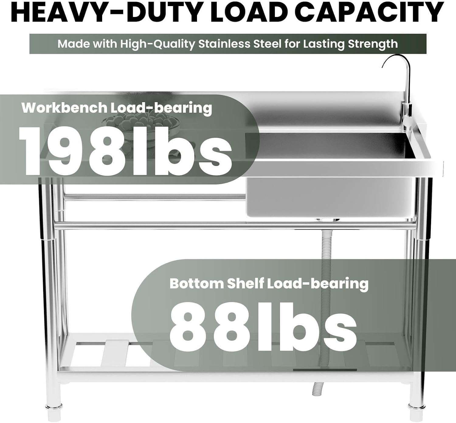 304 Stainless Steel Commercial Triple Bowl Sinks with 20' L x 13' W x 8' D Bowl, 47.3 inch Free Standing Sink Station, Restaurant Sink for Home Bar Restaurant Loading 286 Lbs