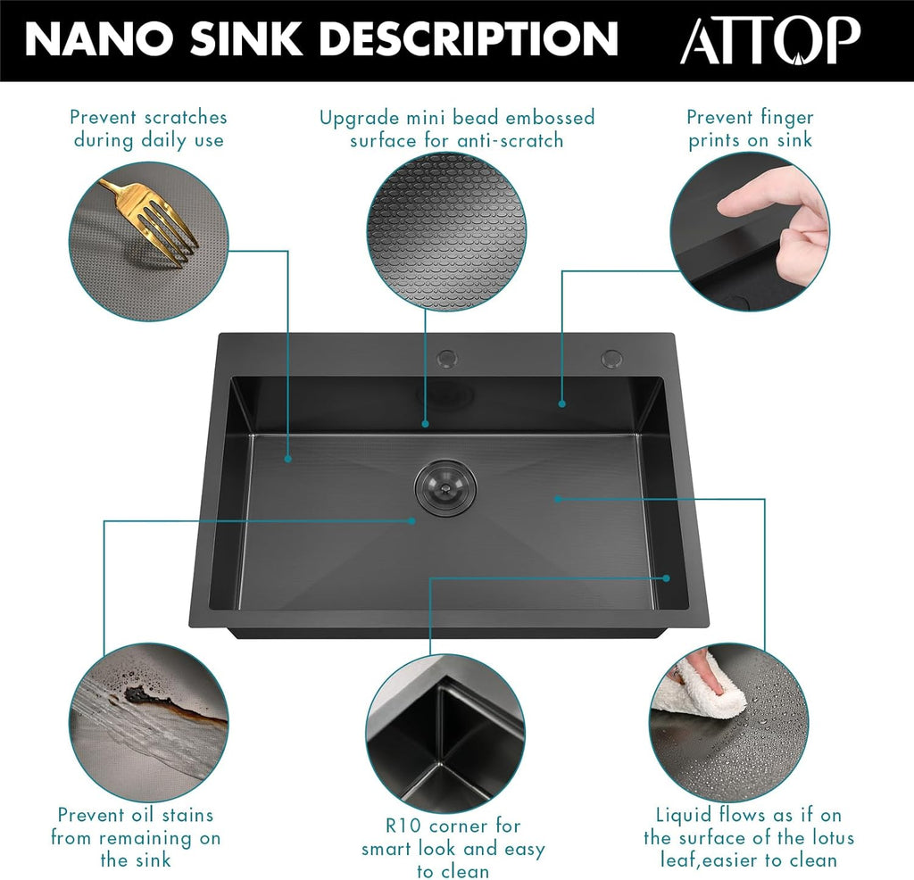 ATTOP 33 Inch Black Large Single Bowl Drop in Kitchen Sink,33x22 Inch Nano Black Stainless Steel Handmade Drop in Single Bowl Kitchen Sink