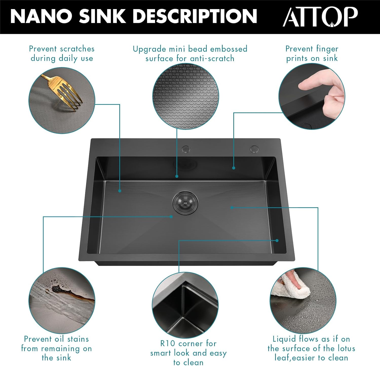ATTOP 33 Inch Black Large Single Bowl Drop in Kitchen Sink,33x22 Inch Nano Black Stainless Steel Handmade Drop in Single Bowl Kitchen Sink