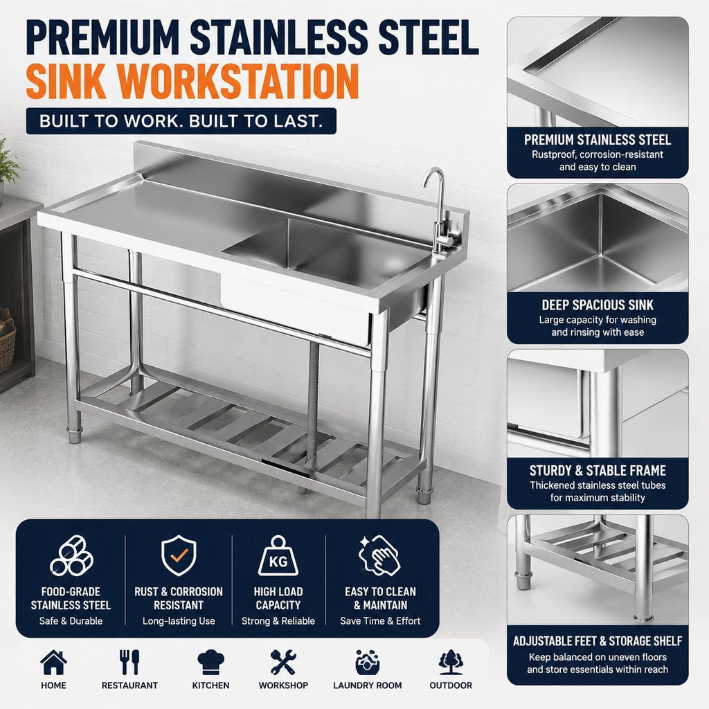 Stainless Steel Utility Sink, 47.3'x18.5'x37'Free Standing Single Bowl Commercial Kitchen Sink with Faucet, NSF - Basin Workbench with Hot & Cold Water Pipe for Garage Restaurant Laundry