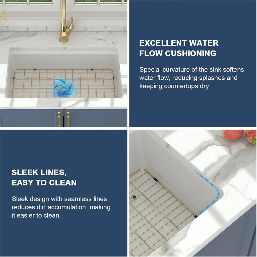 Lordear 33 Inch White Kitchen Sink Fireclay Porcelain Ceramic Undermount Sinks Single Bowl Rectangular Basin Workstation with Slide Ledge Dual Mount 33x19x10 Inch
