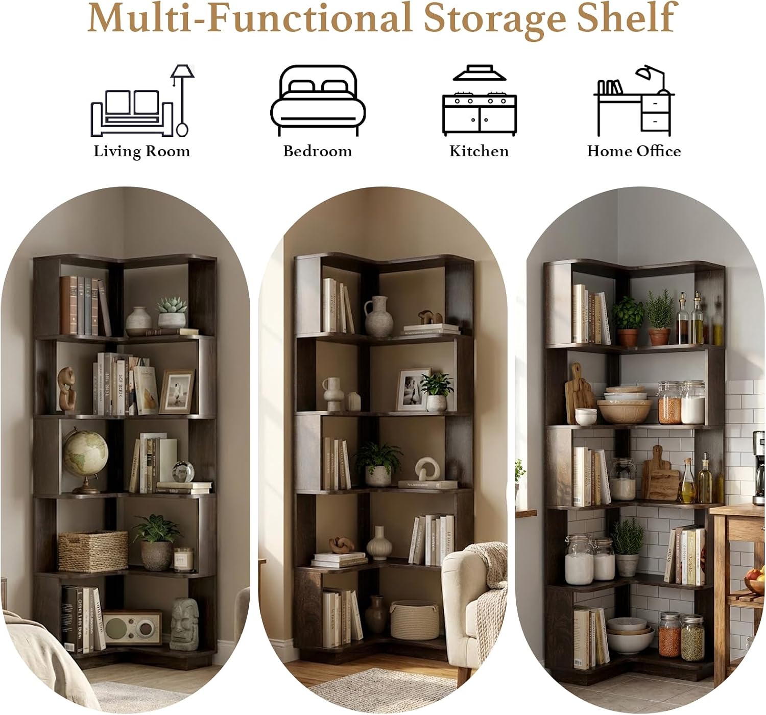 5 Tier Corner Bookshelf, Freestanding L-Shaped Wooden Bookcase with Open Shelves, Anti-Fall Panels and Anti-Tipping Device for Living Room, Bedroom, Home Office (Dark Brown)