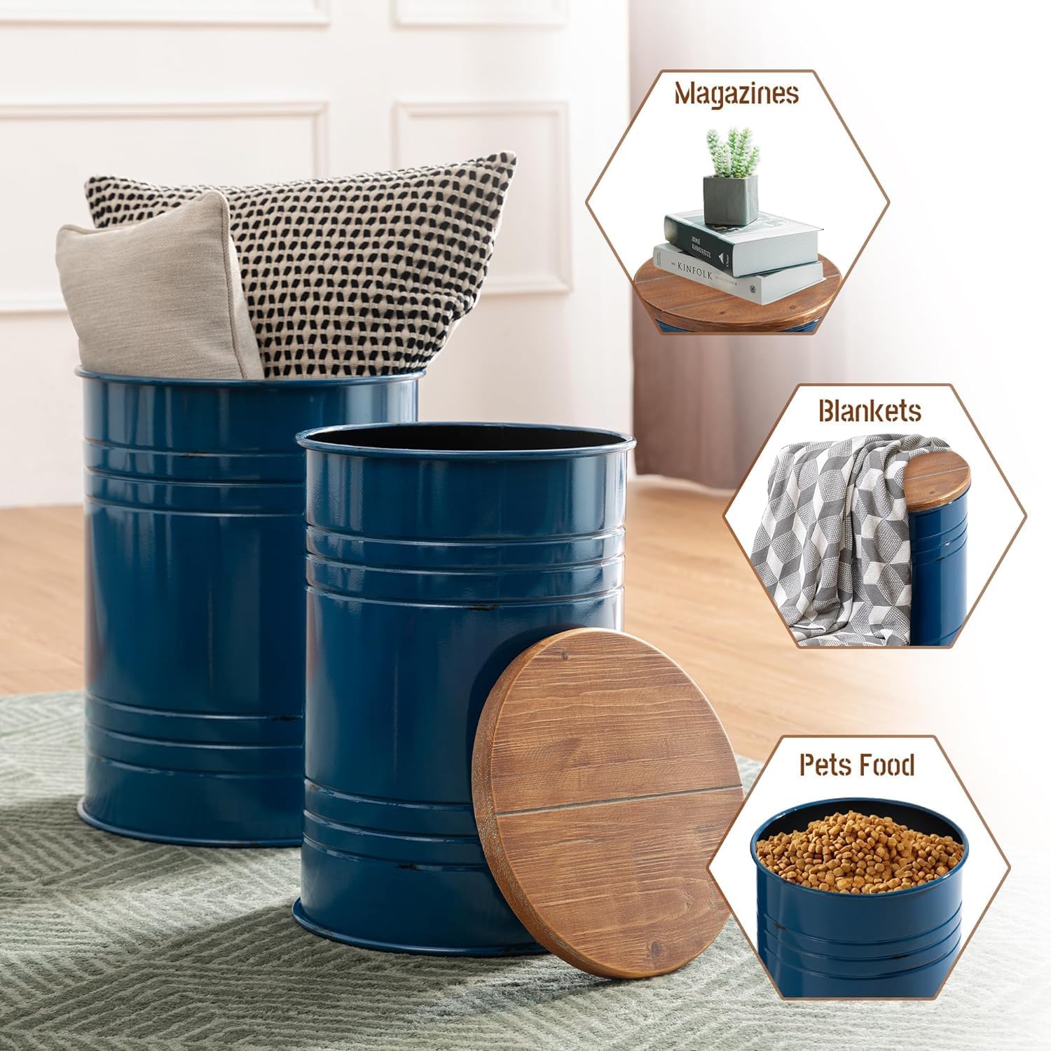 Glitzhome 4-Piece Galvanized Side Table Set, Metal Farmhouse Barrel Toy Box Bins with Round Wood Lid, Rustic Ottoman Seat Stool with Large Storage Space, for Living Room, Bedroom,Nary Blue