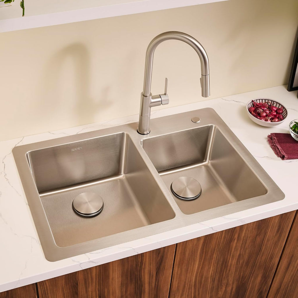 Ruvati 33 x 22 inch Drop-in Topmount Kitchen Sink - 16 Gauge Stainless Steel 60/40 Double Bowl Kitchen Sink with Brushed Finish hides scratches, Easy-to-Clean Drop-in kitchen Sink - RVM5166