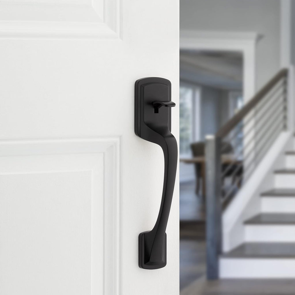 Kwikset Prague Front Door Handle No Lock, Entry Handleset Exterior with Interior Door Knob, Non-Locking, Matte Black, Deadbolt Not Included, with Microban Protection