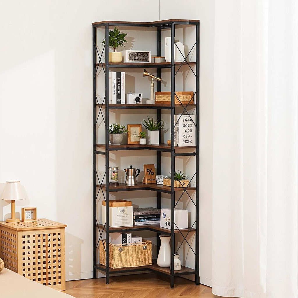 VEVOR 7 Tier Corner Bookshelf, 79' Tall Corner Bookcase with Heavy Duty Metal Frame & Wooden Shelves, Industrial Reversible L Shaped Corner Display Shelf for Bedroom, Living Room, Office