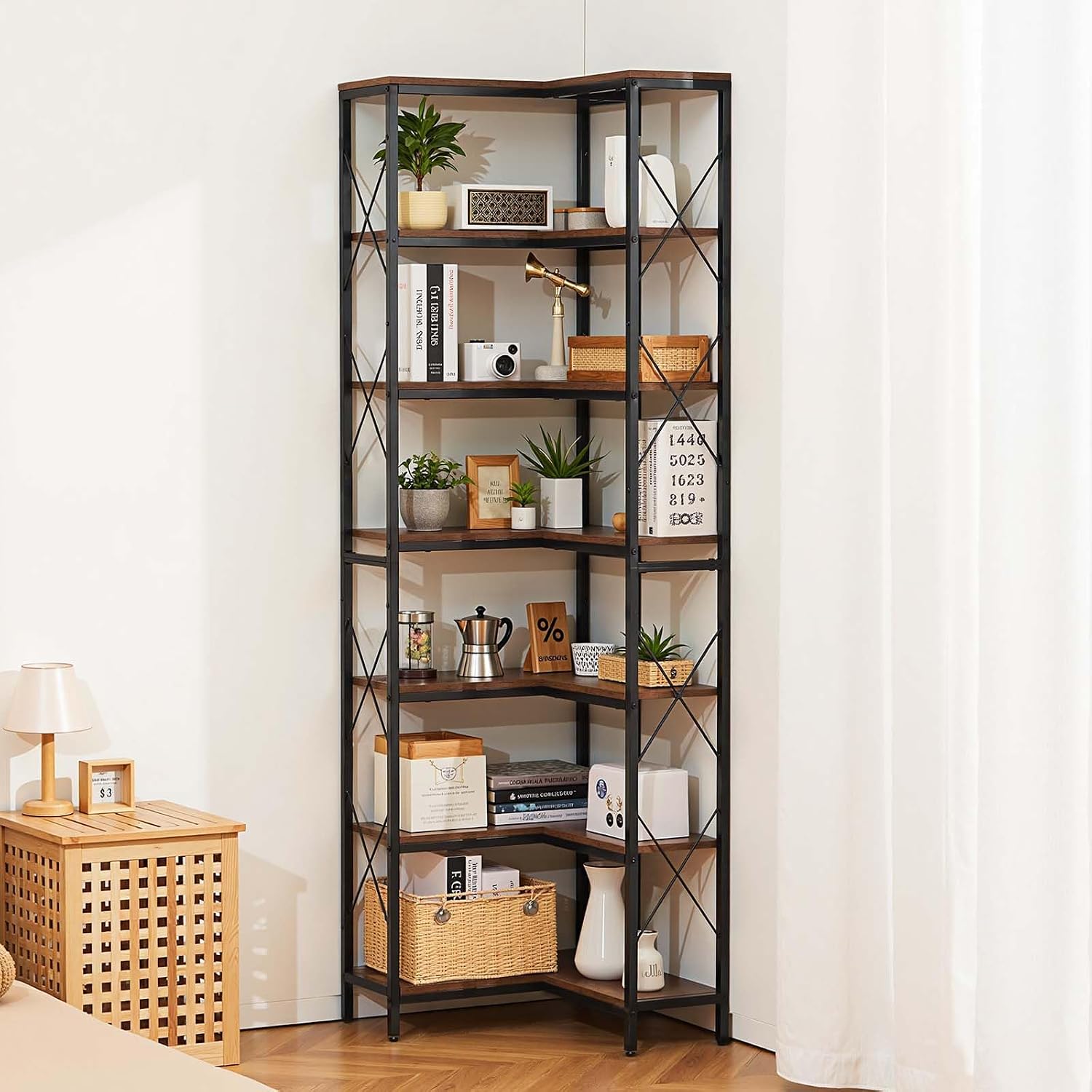 VEVOR 7 Tier Corner Bookshelf, 79' Tall Corner Bookcase with Heavy Duty Metal Frame & Wooden Shelves, Industrial Reversible L Shaped Corner Display Shelf for Bedroom, Living Room, Office