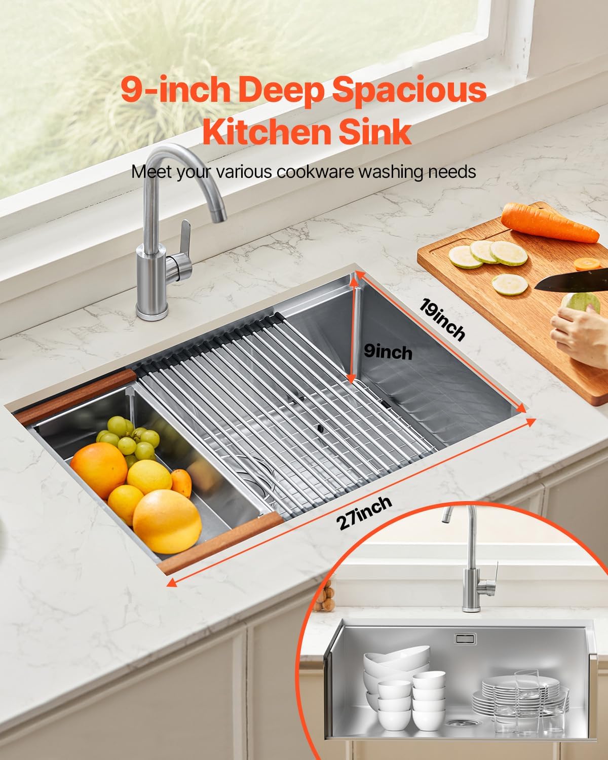 VEVOR 27 inch Kitchen Single Sink, 304 Stainless Steel Undermount Sink Drop-In Single Bowl Farmhouse Basin with Ledge & Multiple Accessories, Household Dishwasher Sinks for Prep Kitchen, Bar 27'*19'