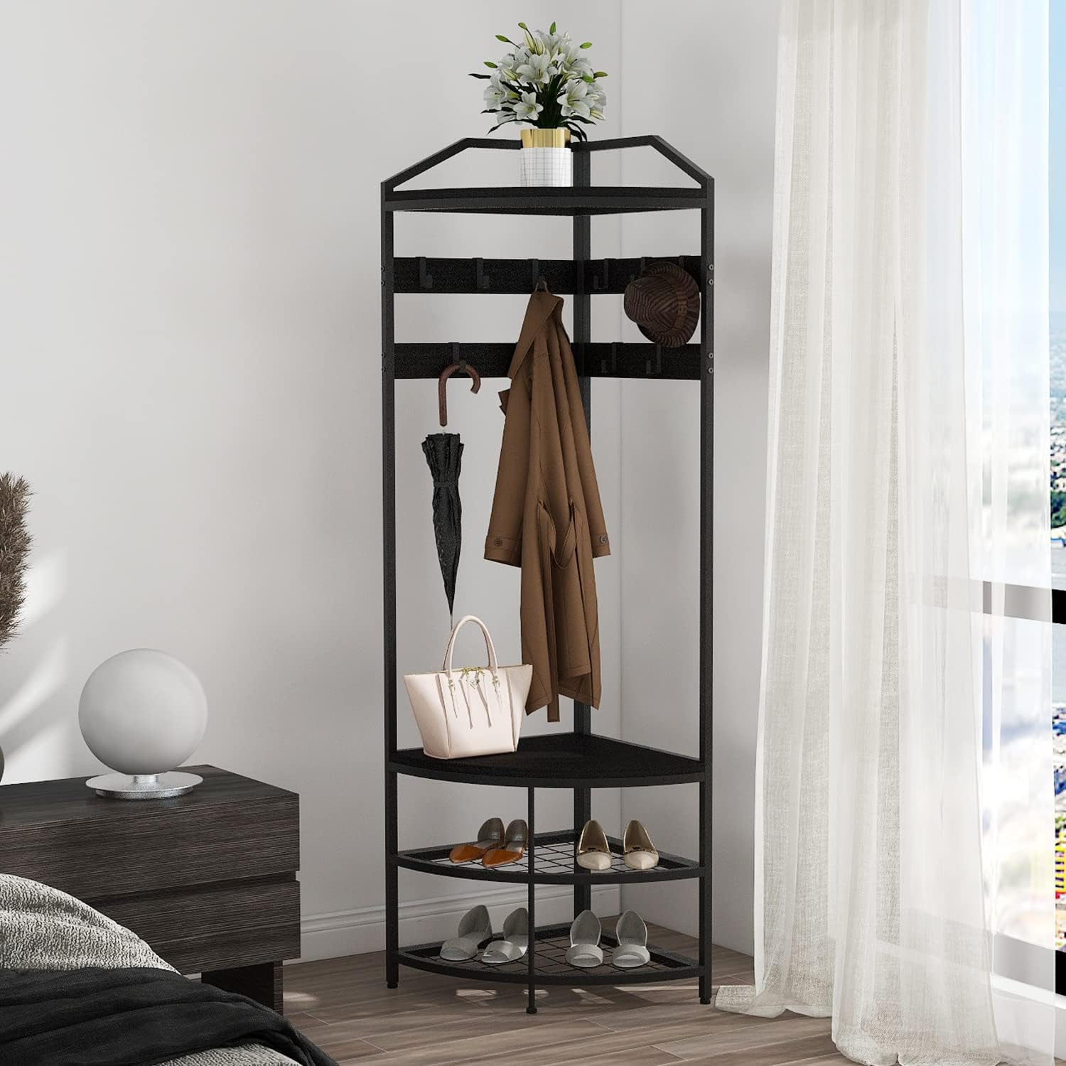 GiftGo Corner Hall Tree with Shoe Bench Entryway Coat Rack with 10 Metal Movable Hooks Freestanding Clothes Rack Shoes Shelf Organizer for Home Office Bedroom (Black)