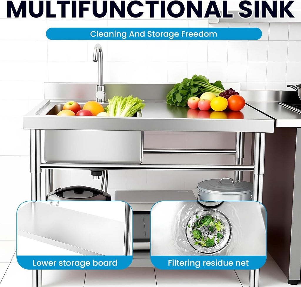 Utility Sink Stainless Steel Laundry Sink, 360 Degree Rotating Faucet, Hot And Cold Water Functions for Garage Kitchen Bathroom Laundry Use (32'' Sink with Workbench)