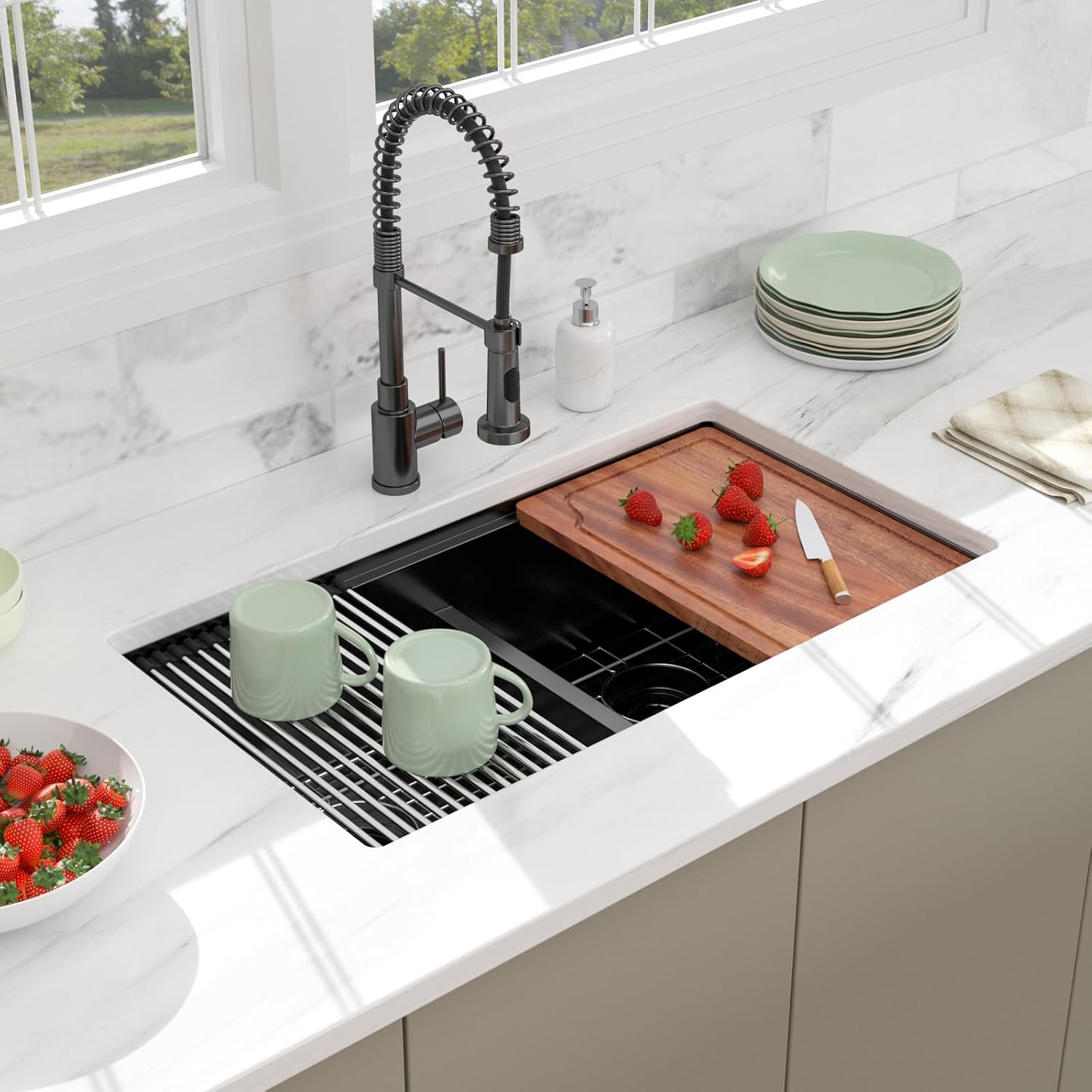 33 Black Undermount Kitchen Sink - 33x19 Gunmetal Black Double Bowl Kitchen Sinks Workstation 16 Gauge Stainless Steel Sink Low Divide Double Basin 50/50