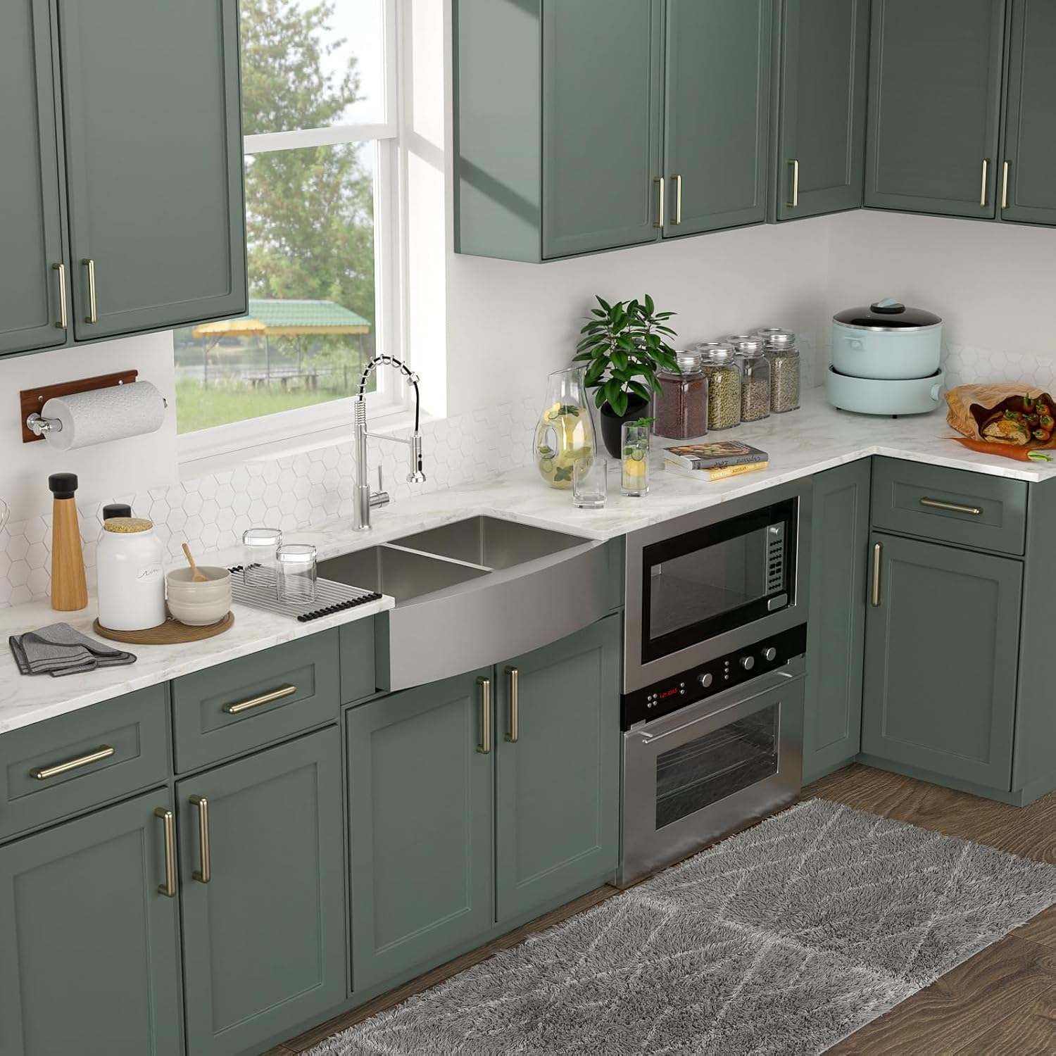 Logmey 33 inch Double Bowl Farmhouse Sink - 33x20 16 Gauge Stainless Steel Farm Sink Apron Front 50/50 Farm Kitchen Sinks