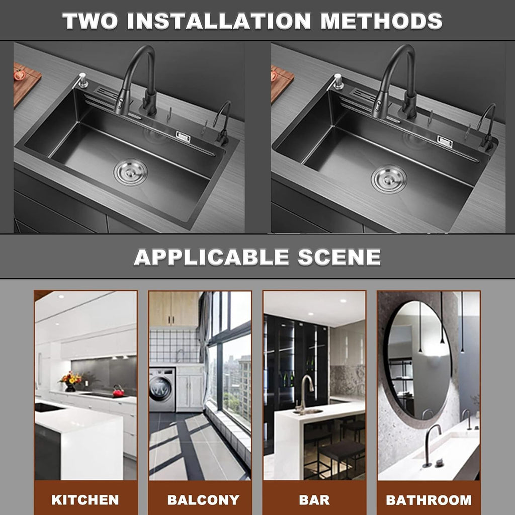 304 Stainless Steel Stepped Kitchen Sink Multi-Function Single Bowl Bar Sink RV Sink with Pull-Out Faucet and Drainage Assembly Top Mount Or Under Mount (Color : Black, Size : 78x48x22cm) (Black