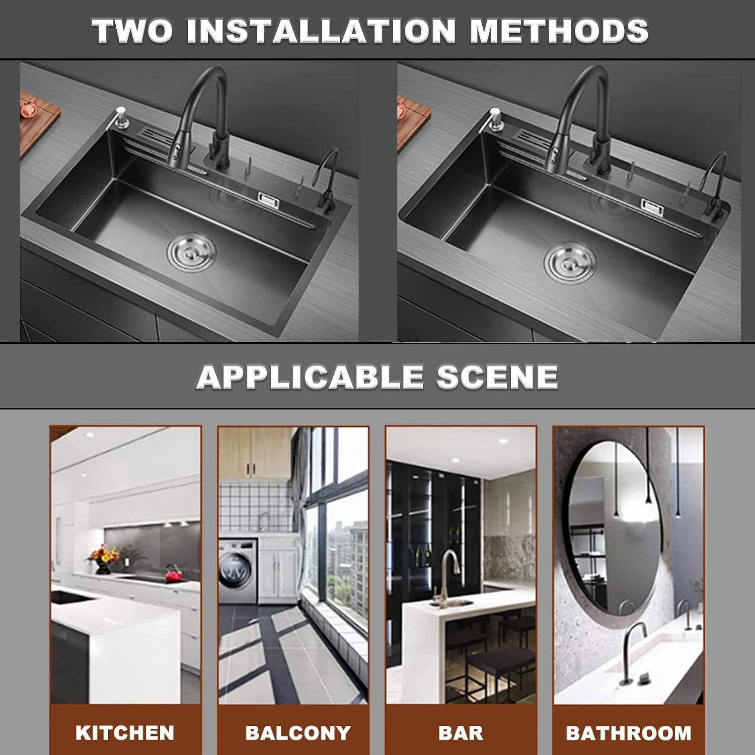 304 Stainless Steel Stepped Kitchen Sink Multi-Function Single Bowl Bar Sink RV Sink with Pull-Out Faucet and Drainage Assembly Top Mount Or Under Mount (Color : Black, Size : 78x48x22cm) (Black