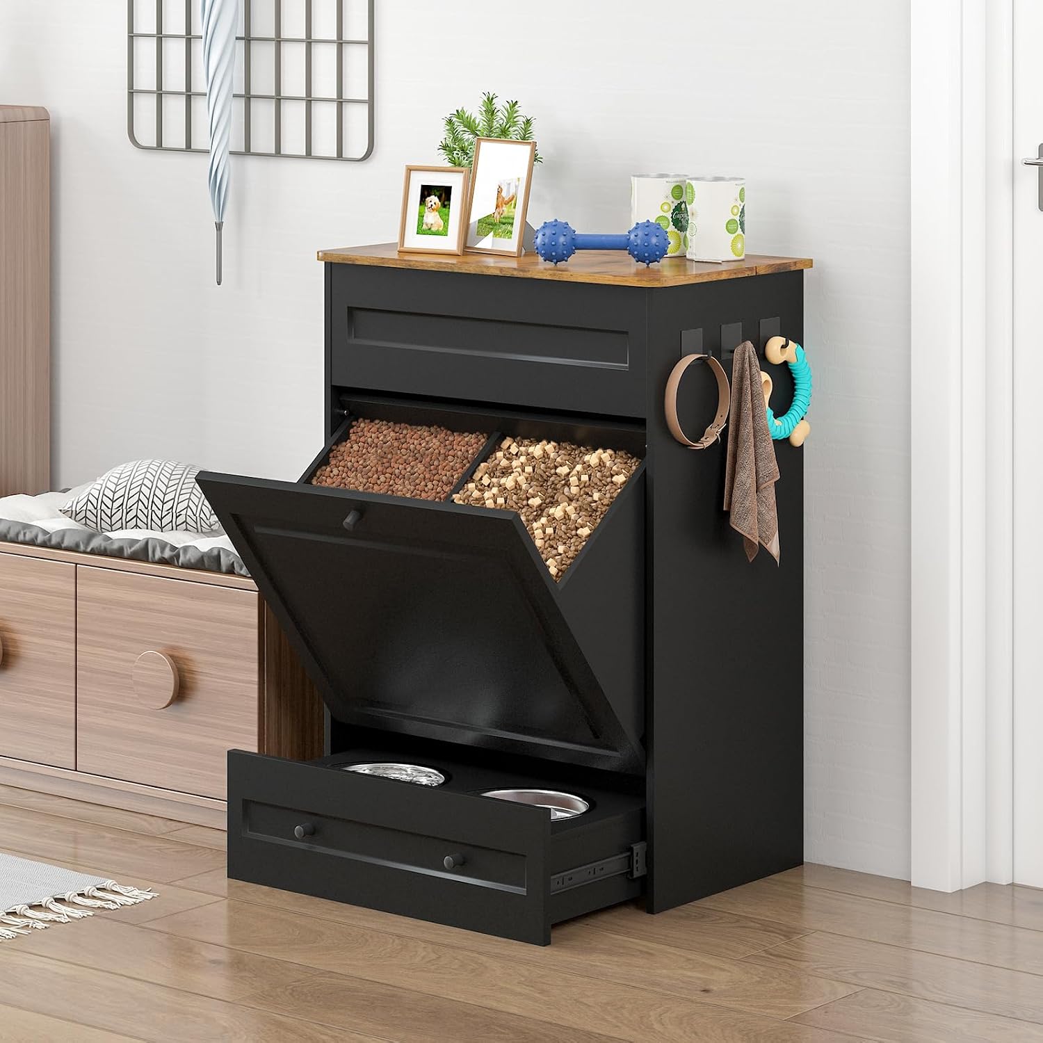 Elevated Dog Feeding Station with Storage Cabinet, 5.3' Pull-Out Hidden Bowls, Dog Food Organizer for Medium Large Dogs with Slow Feeder, Stainless Steel Bowls & Side Hooks (Black)