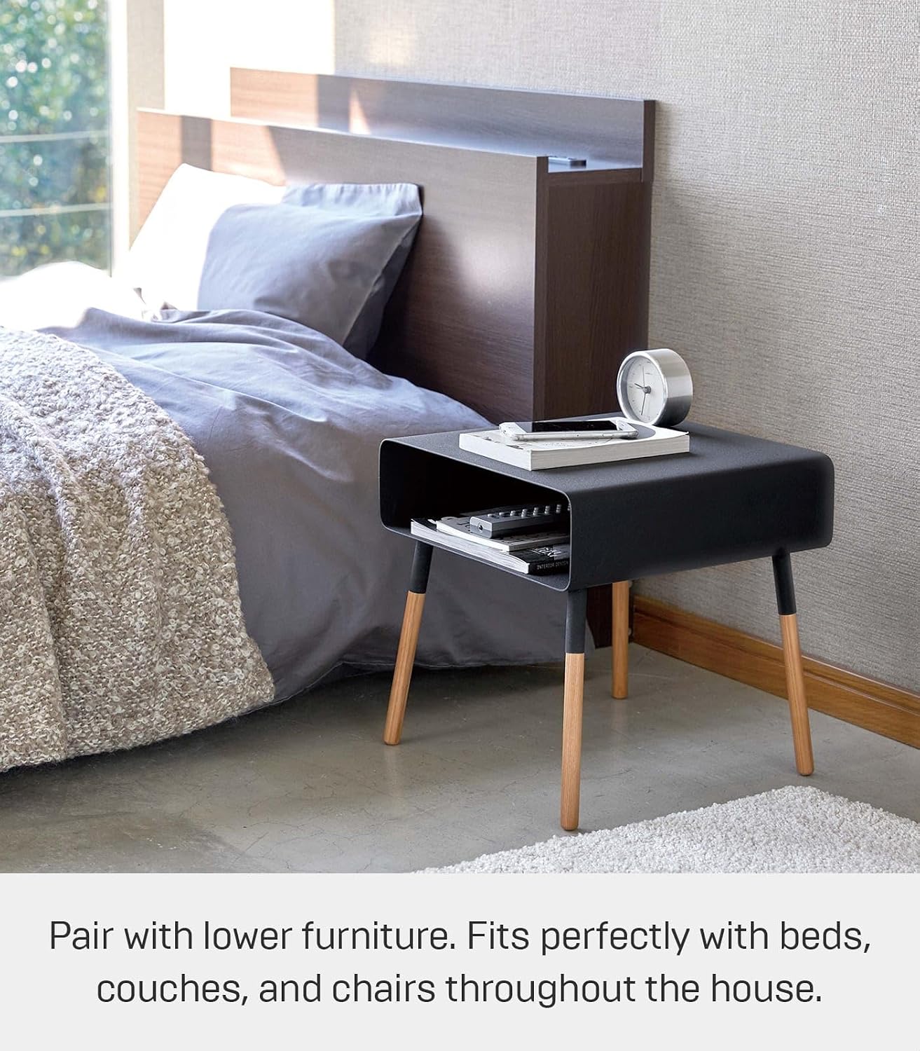 YAMAZAKI Home Plain Side Table with Open Storage Shelf, Rectangular Accent Space Saving Living Room Bedroom Couch End Table - Short, 14' - Steel + Wood