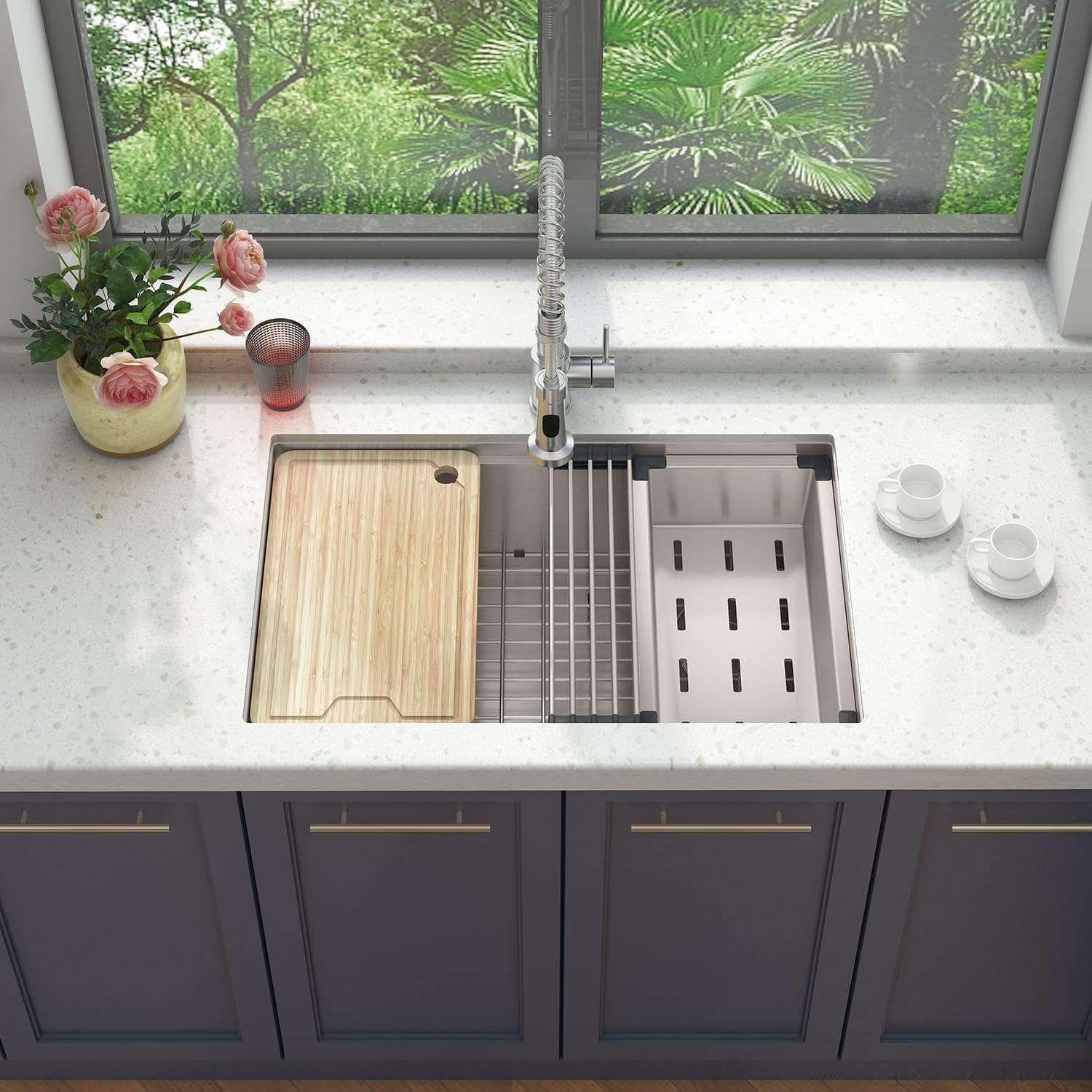 Sinber KSS0002S-OJ 30' x 19' x 10' Undermount Single Bowl Workstation Kitchen Sink with 16 Gauge 304 Stainless Steel Satin Finish 6 Accessories