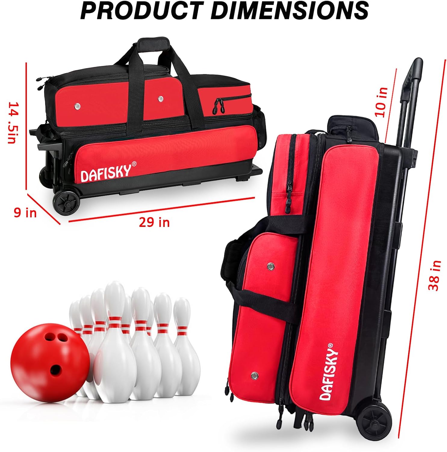 DAFISKY 3 Ball Bowling Bags with Wheels, Roller Bowling Bag with Multiple Pockets Retractable Handle Extends to 38''
