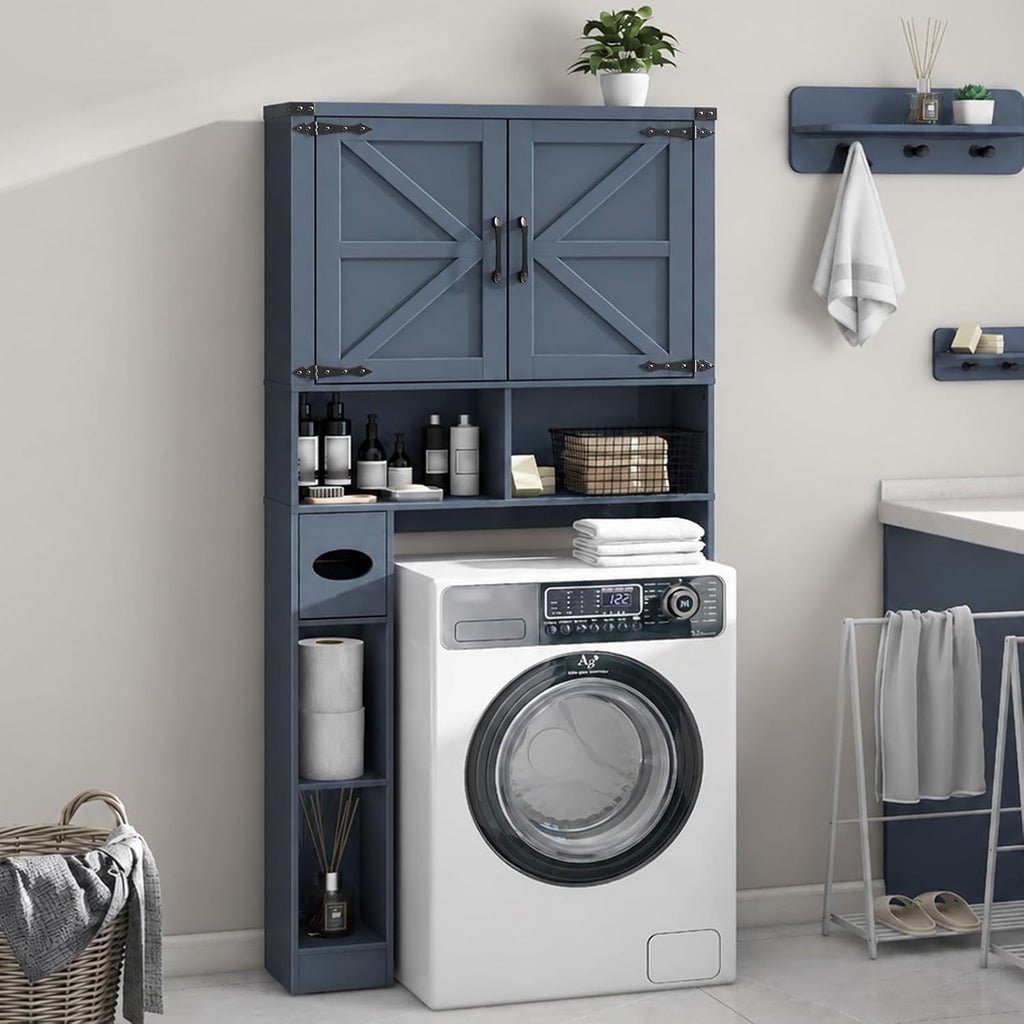 Vabches Over The Toilet Storage Cabinet, Farmhouse Storage Cabinet Over Toilet with 2 Barn Doors & Toilet Paper Holder Stand，Home Space-Saving Toilet Rack, for Laundry, Restroom, Bathroom.Blue