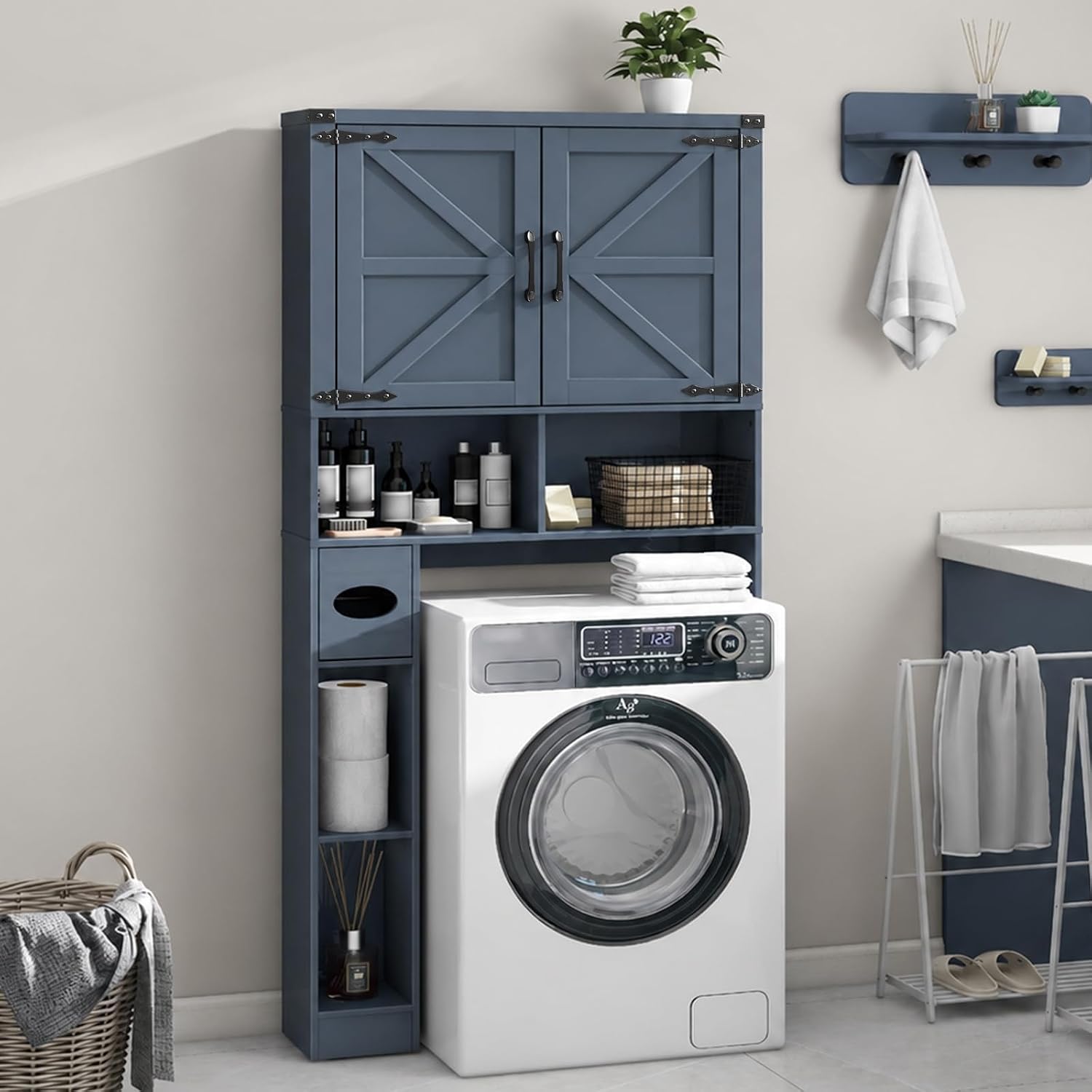 Vabches Over The Toilet Storage Cabinet, Farmhouse Storage Cabinet Over Toilet with 2 Barn Doors & Toilet Paper Holder Stand，Home Space-Saving Toilet Rack, for Laundry, Restroom, Bathroom.Blue