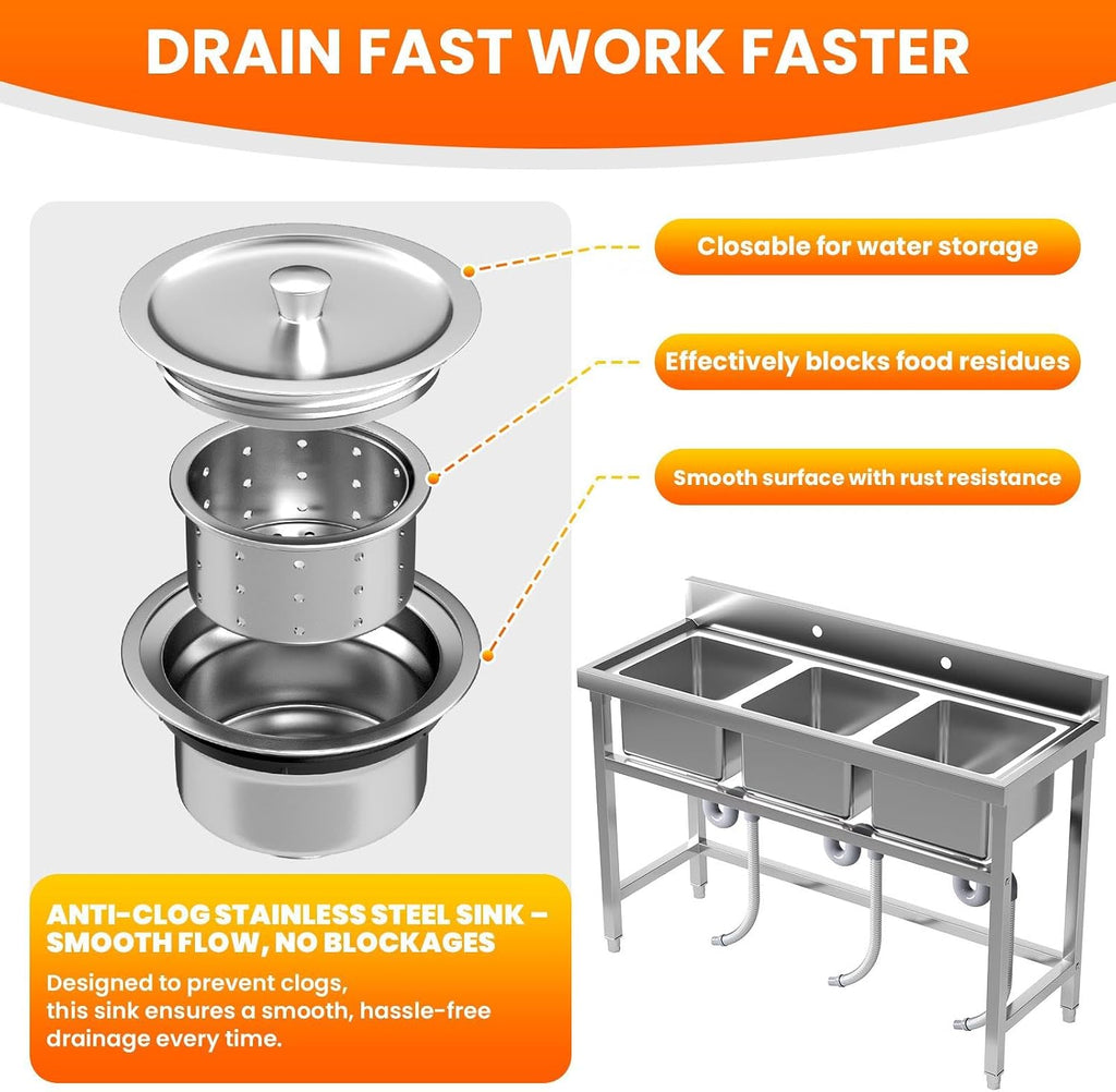 Stainless Steel Sinks, Freestanding Utility Sink with Triple Bowl and Laundry Sink Features for Multi-Purpose Use, 47.3'W x 18.5'D x 33.6'H