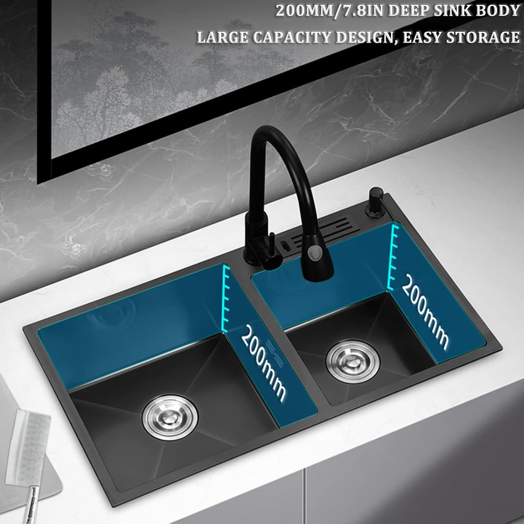 Black Double Bowl Kitchen Sink 304 Stainless Steel Bar Preparation Sink RV Sink with Faucet and Drainage Kit Top Mount Or Undermount (Color : Black-E, Size : 80x45x21cm)