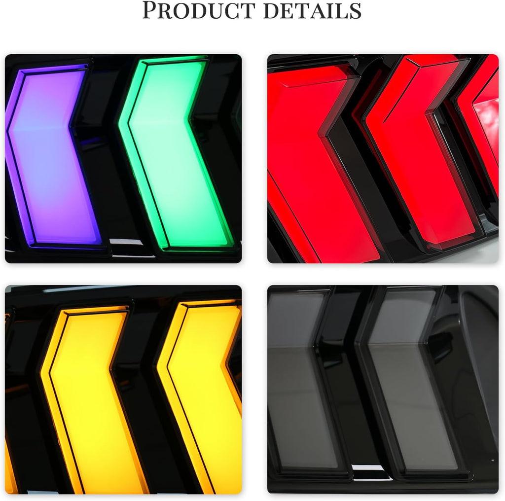 HCmotion LED Tail Lights for Ford Mustang Euro 2015-2023 (6 Lighting Modes), Start UP Animation with Sequential Turn Signal Rear Lamp Kit Assembly (Smoked-RG) | Smoked Euro Style Taillights Assembly w/ 6 Sequential Turn Signal Modes & Startup Animation