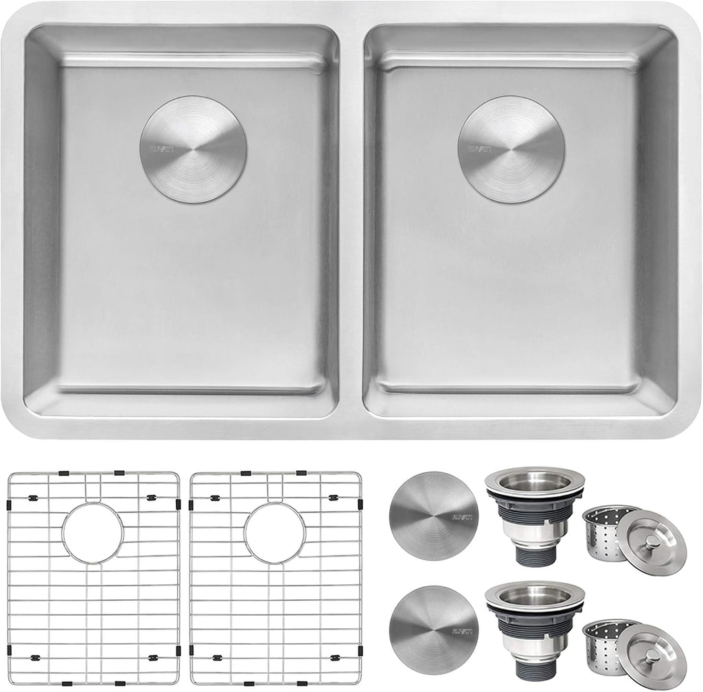 Ruvati 28- inch Undermount Kitchen Sink – 50/50 Double Bowl Kitchen Sink, 16 Gauge T-304 Stainless Steel Sinks, Undermount Sinks, Brushed Finish – RVM5077