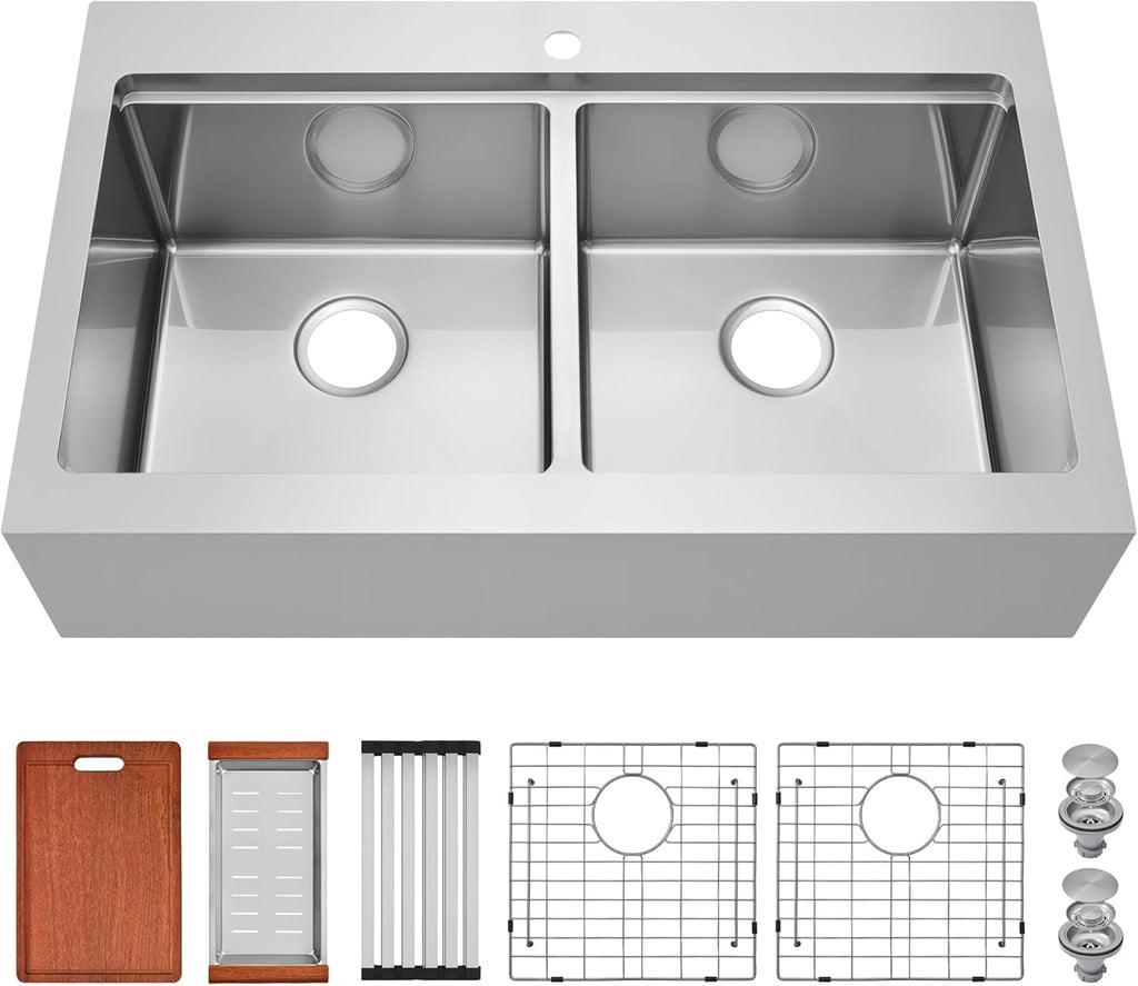 Rhbamoa Double Farmhouse Sink 36 Inch,16-Gauge T304 Stainless Steel Drop In Farm Sink,50/50 Topmount Double Bowl Apron Front Farm Sinks,10 Inch Deep Workstation Sinks with All Accessories
