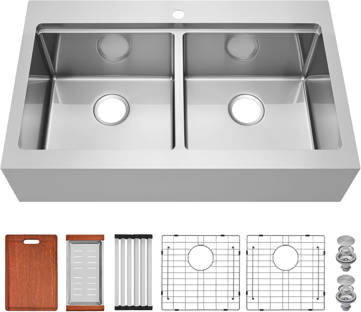 Rhbamoa Double Farmhouse Sink 36 Inch,16-Gauge T304 Stainless Steel Drop In Farm Sink,50/50 Topmount Double Bowl Apron Front Farm Sinks,10 Inch Deep Workstation Sinks with All Accessories